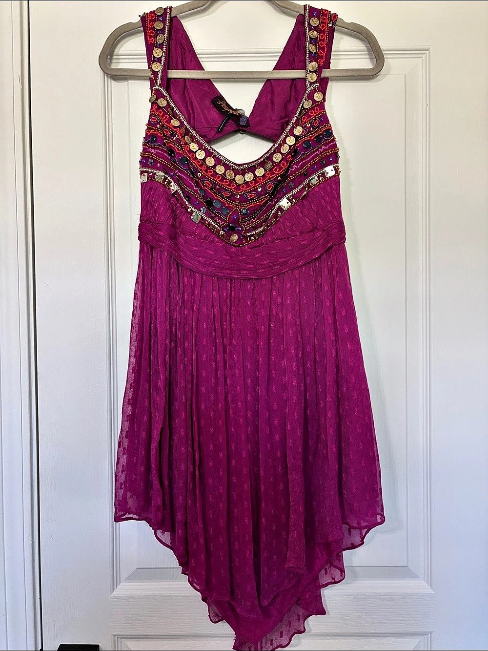 Free People Jeweled/Beaded Mini Dress Embellished in Magenta